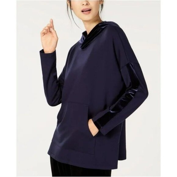 Eileen Fisher Size M Navy Blue Oversized Velvet Trim Hoodie Sweatshirt Pullover - Picture 1 of 16
